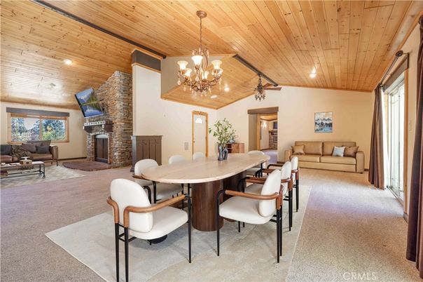 Chandelier, Dining room, Fireplace, Interior, Living room, Recessed Lighting, Wooden Ceilings