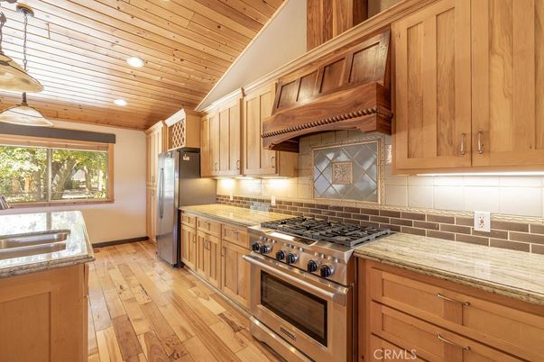 Interior, Kitchen, Pendant Lights, Recessed Lighting, Stainless Steel Appliances, Wooden Ceilings, Wood Texture Flooring