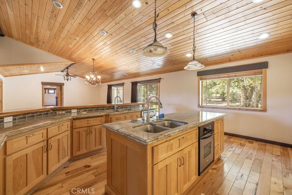 Chandelier, Interior, Kitchen, Pendant Lights, Recessed Lighting, Wooden Ceilings, Wood Texture Flooring
