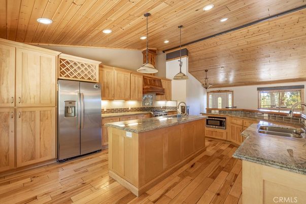 Interior, Kitchen, Pendant Lights, Recessed Lighting, Stainless Steel Appliances, Wooden Ceilings, Wood Texture Flooring