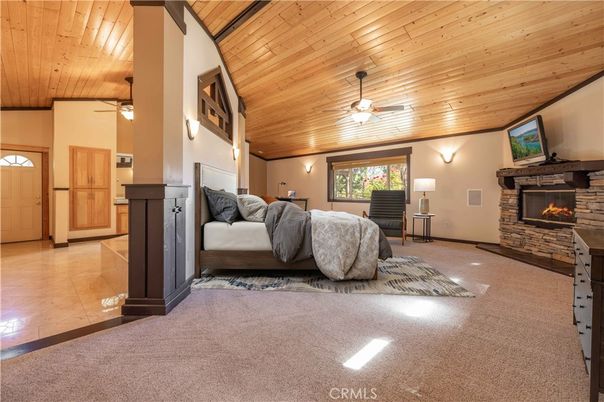 Bedroom, Fireplace, Interior, Wooden Ceilings