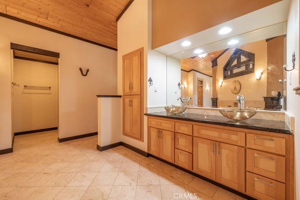 Bathroom, Dual Sink Vanities, Interior, Recessed Lighting, Wooden Ceilings