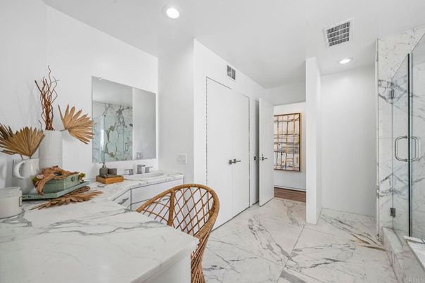 Bathroom, Glass Shower, Interior, Marble, Marble Walls, Recessed Lighting