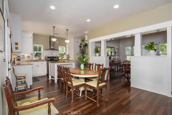 Dining room, Interior, Kitchen, Pendant Lights, Recessed Lighting, Wood Texture Flooring