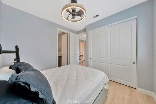 Bedroom, Interior, Pendant Lights, Recessed Lighting, Wood Texture Flooring
