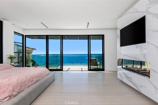 Bedroom, Fireplace, Interior, Marble Walls, Recessed Lighting, Water