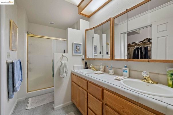 Bathroom, Dual Sink Vanities, Glass Shower, Interior, Tile Countertops