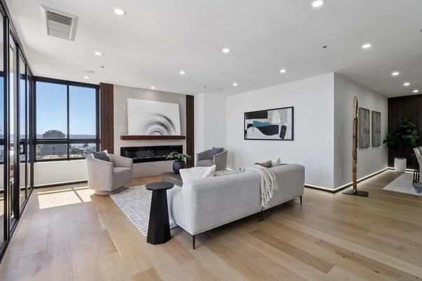 Fireplace, Interior, Living room, Recessed Lighting, Wood Texture Flooring