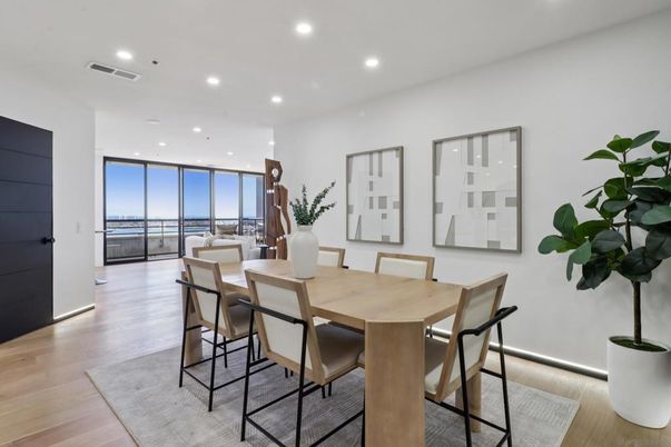 Dining room, Interior, Recessed Lighting, Wood Texture Flooring