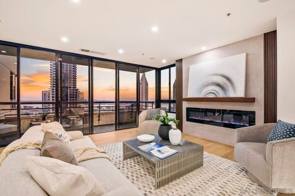 Fireplace, Interior, Living room, Recessed Lighting, Water, Wood Texture Flooring