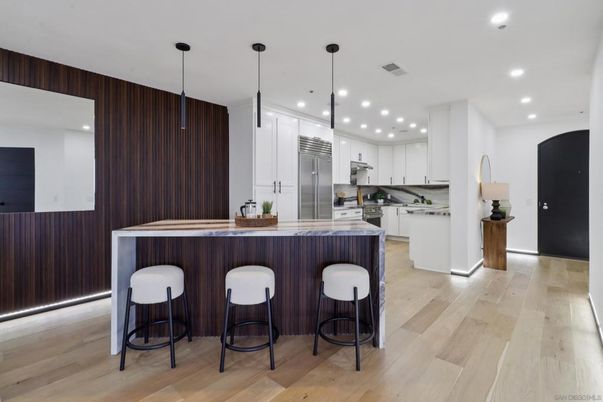 Interior, Kitchen, Pendant Lights, Recessed Lighting, Stainless Steel Appliances, Wood Texture Flooring