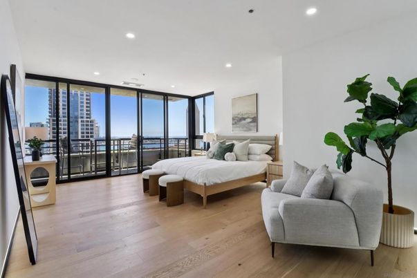 Bedroom, Interior, Recessed Lighting, Water, Wood Texture Flooring