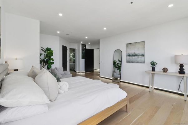 Bedroom, Interior, Recessed Lighting, Wood Texture Flooring