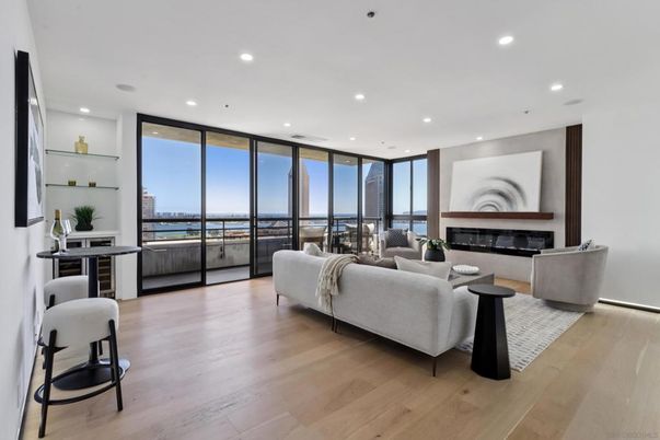 Fireplace, Interior, Living room, Recessed Lighting, Water, Wood Texture Flooring