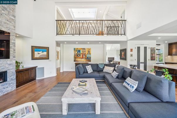Fireplace, Interior, Kitchen, Living room, Recessed Lighting, Wood Texture Flooring