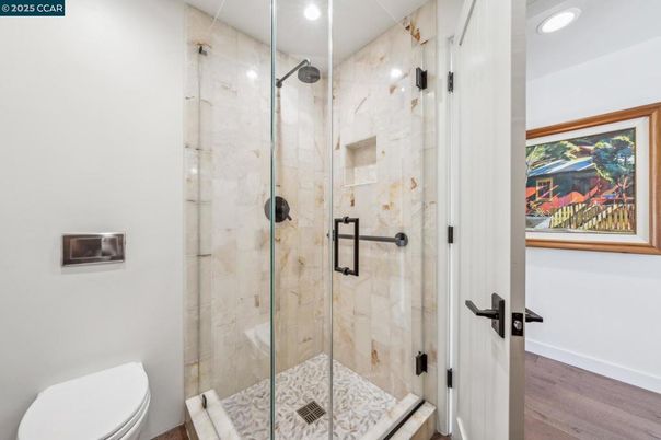 Bathroom, Glass Shower, Interior, Recessed Lighting, Wood Texture Flooring
