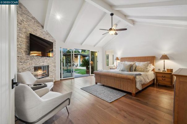 Bedroom, Fireplace, Interior, Stone Walls, Wood Texture Flooring