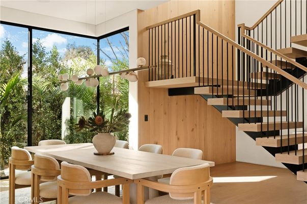 Dining room, Interior, Pendant Lights, Wood Texture Flooring, Wooden Walls