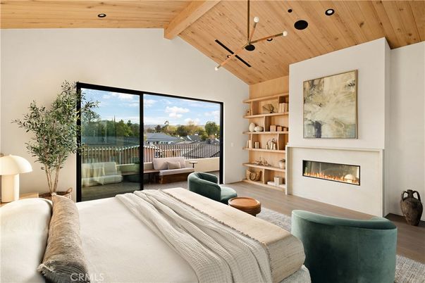 Bedroom, Fireplace, Interior, Recessed Lighting, Wooden Beams, Wooden Ceilings, Wood Texture Flooring