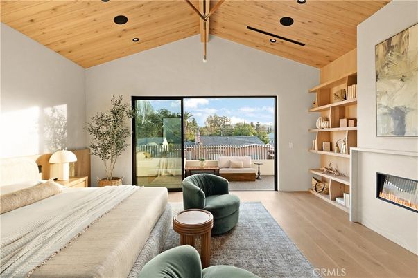 Bedroom, Fireplace, Interior, Recessed Lighting, Wooden Ceilings, Wood Texture Flooring