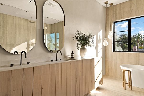 Bathroom, Dual Sink Vanities, Interior, Pendant Lights, Wood Texture Flooring