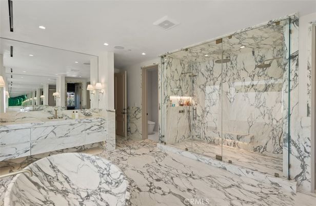 Bathroom, Glass Shower, Interior, Marble, Marble Walls, Recessed Lighting