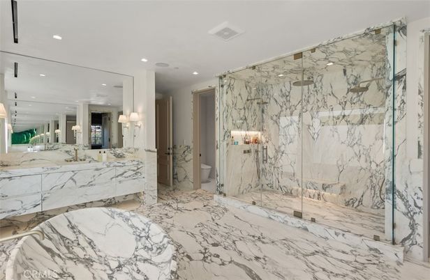 Bathroom, Glass Shower, Interior, Marble, Marble Walls, Recessed Lighting
