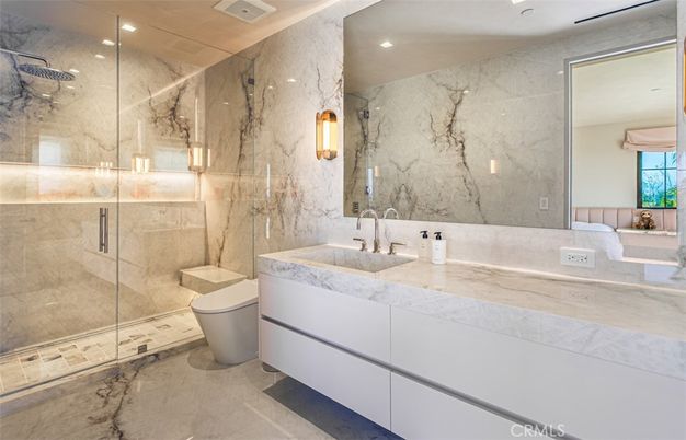 Bathroom, Glass Shower, Interior, Marble Walls, Recessed Lighting