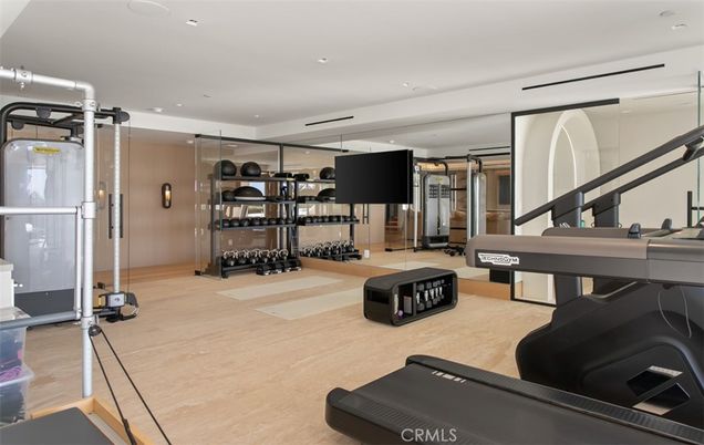 Fitness Equipment, Gym, Interior, Recessed Lighting, Wood Texture Flooring