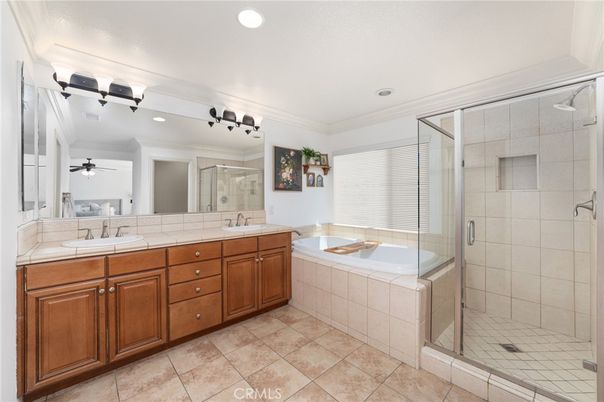 Bathroom, Dual Sink Vanities, Glass Shower, Interior, Recessed Lighting, Tile Countertops