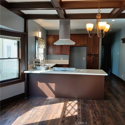 Chandelier, Interior, Kitchen, Pendant Lights, Recessed Lighting, Wooden Beams, Wood Texture Flooring
