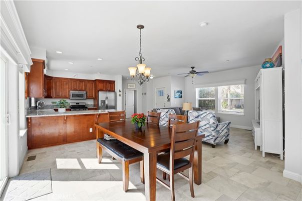 Chandelier, Dining room, Interior, Kitchen, Living room, Recessed Lighting, Stainless Steel Appliances
