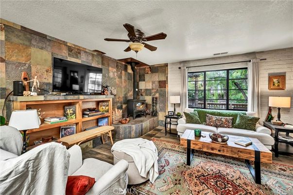 Fireplace, Interior, Living room, Stone Walls, Wood Texture Flooring
