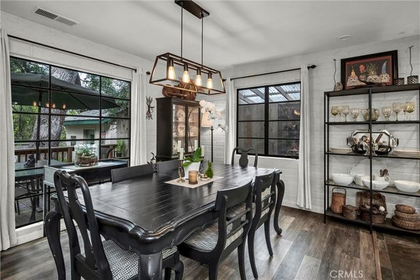 Dining room, Interior, Pendant Lights, Wood Texture Flooring