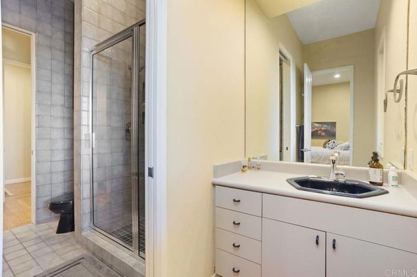 Bathroom, Glass Shower, Interior, Recessed Lighting, Wood Texture Flooring