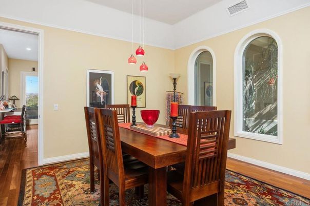 Dining room, Interior, Pendant Lights, Recessed Lighting, Wood Texture Flooring