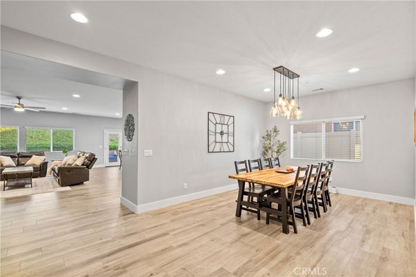 Dining room, Interior, Living room, Pendant Lights, Recessed Lighting, Wood Texture Flooring