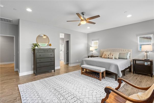 Bedroom, Interior, Recessed Lighting, Wood Texture Flooring