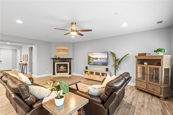 Fireplace, Interior, Living room, Recessed Lighting, Wood Texture Flooring