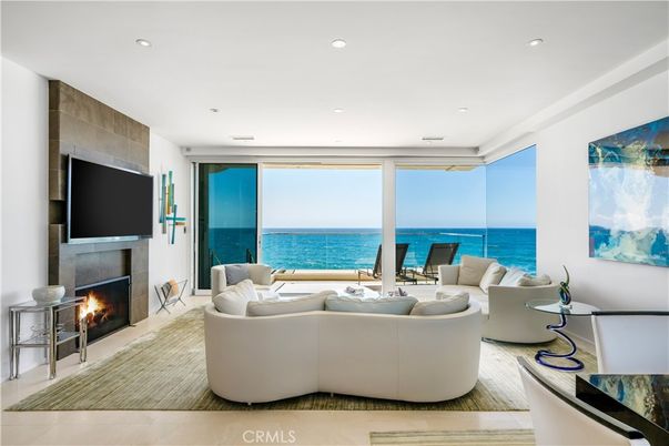 Fireplace, Interior, Living room, Recessed Lighting, Water, Wood Texture Flooring
