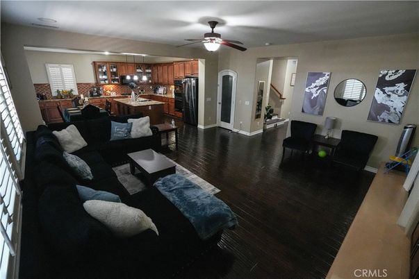 Dining room, Interior, Kitchen, Living room, Pendant Lights, Stainless Steel Appliances, Wood Texture Flooring