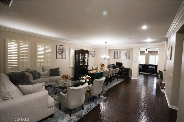 Dining room, Interior, Living room, Pendant Lights, Recessed Lighting, Wood Texture Flooring