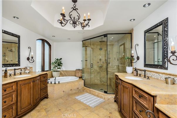 Bathroom, Chandelier, Dual Sink Vanities, Glass Shower, Interior, Recessed Lighting