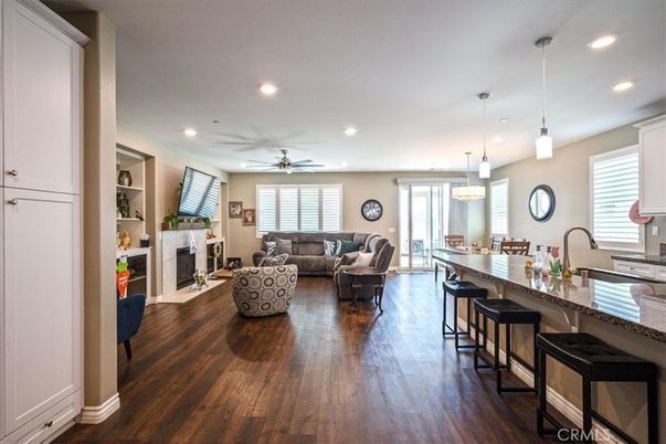 Fireplace, Interior, Kitchen, Living room, Pendant Lights, Recessed Lighting, Wood Texture Flooring