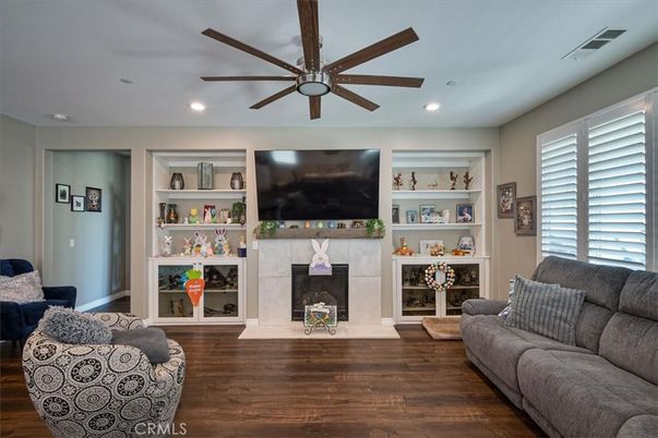 Fireplace, Interior, Living room, Recessed Lighting, Wood Texture Flooring