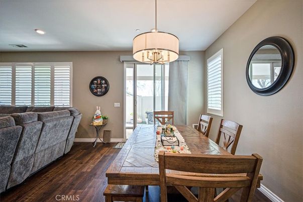 Dining room, Interior, Pendant Lights, Recessed Lighting, Wood Texture Flooring