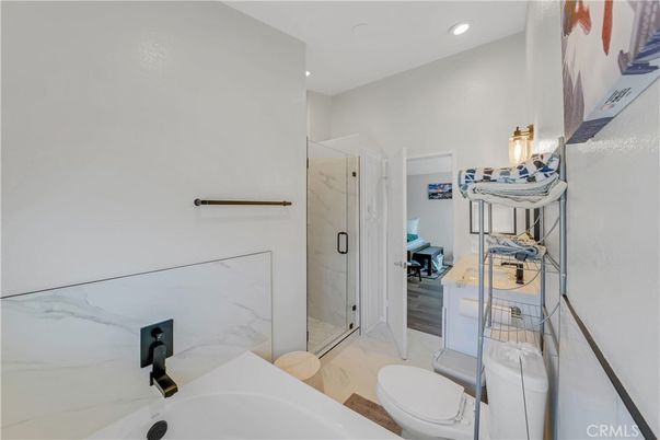 Bathroom, Glass Shower, Interior, Marble Walls, Recessed Lighting
