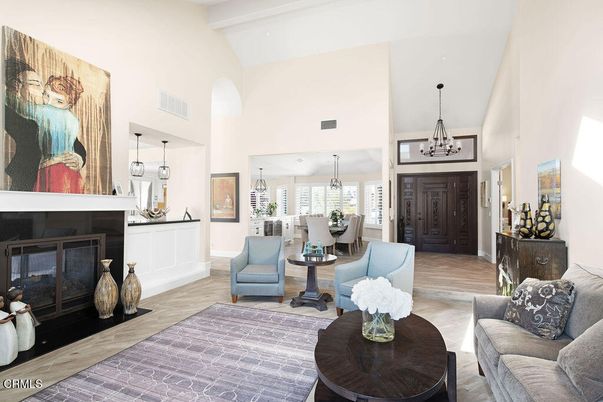 Dining room, Fireplace, Interior, Living room, Pendant Lights, Wood Texture Flooring