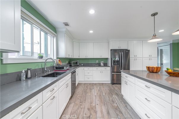 Interior, Kitchen, Pendant Lights, Recessed Lighting, Stainless Steel Appliances, Wood Texture Flooring