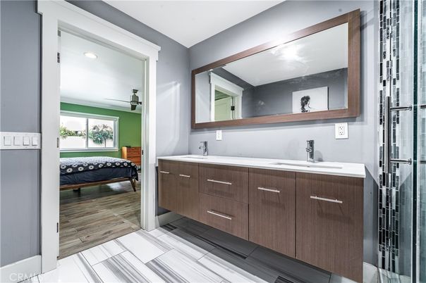 Bathroom, Dual Sink Vanities, Interior, Recessed Lighting, Wood Texture Flooring